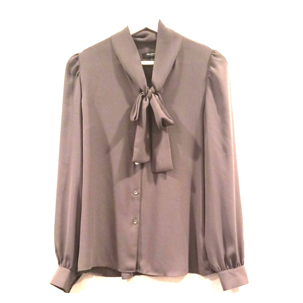 Women Size S Dark Grey Long Sleeves Bow Blouse